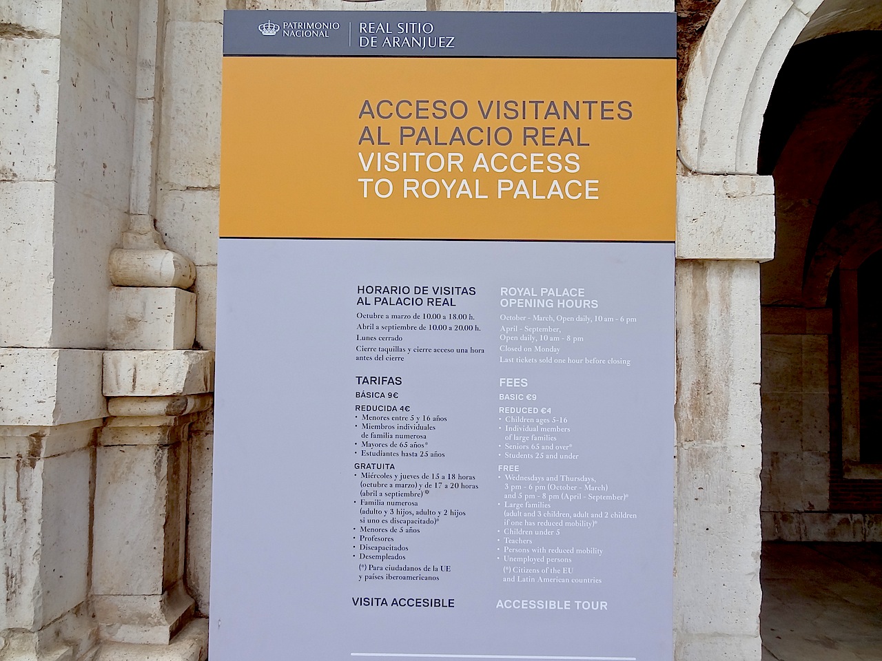 Horaires et tarifs du palais royal d'Aranjuez