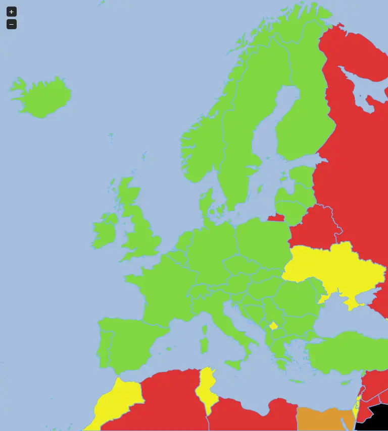 Carte montrant la nécessité d'une carte d'identité, d'un passeport ou d'un visa en Europe