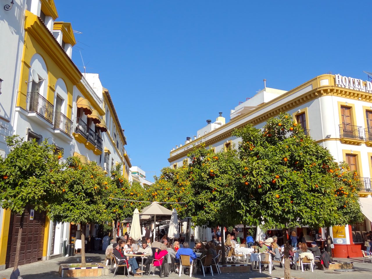 une place bondée du quartier de Santa Cruz à Séville