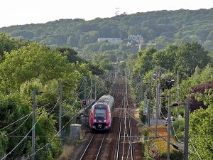 Train de la ligne H du Transilien à Saint-Leu-la-Forêt, avec au fond la forêt de Montmorency