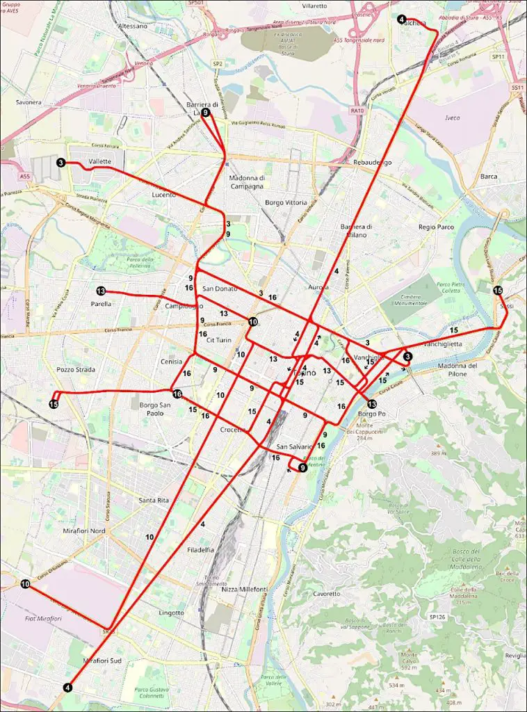 plan du réseau de tramway à Turin