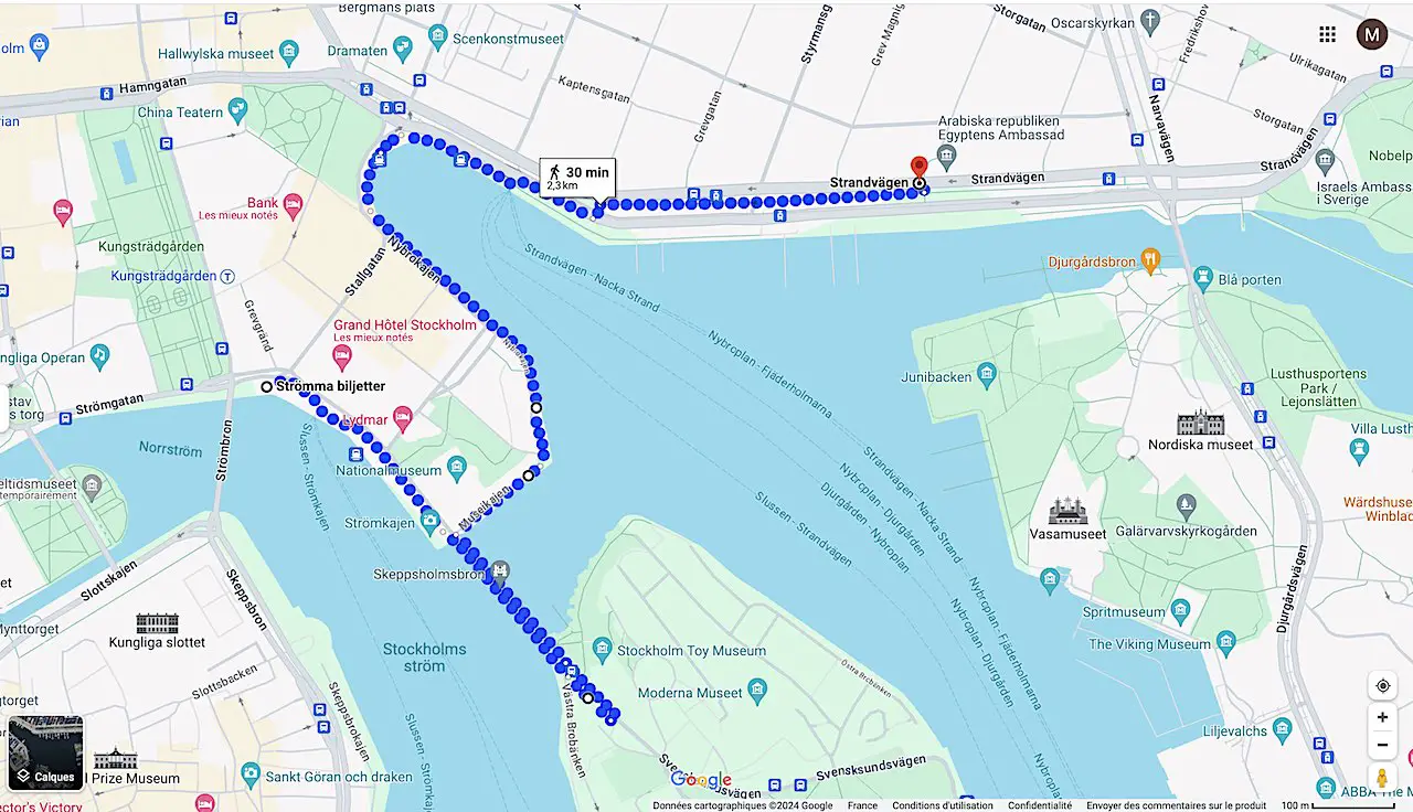 itinéraire sur les quais de Stockholm