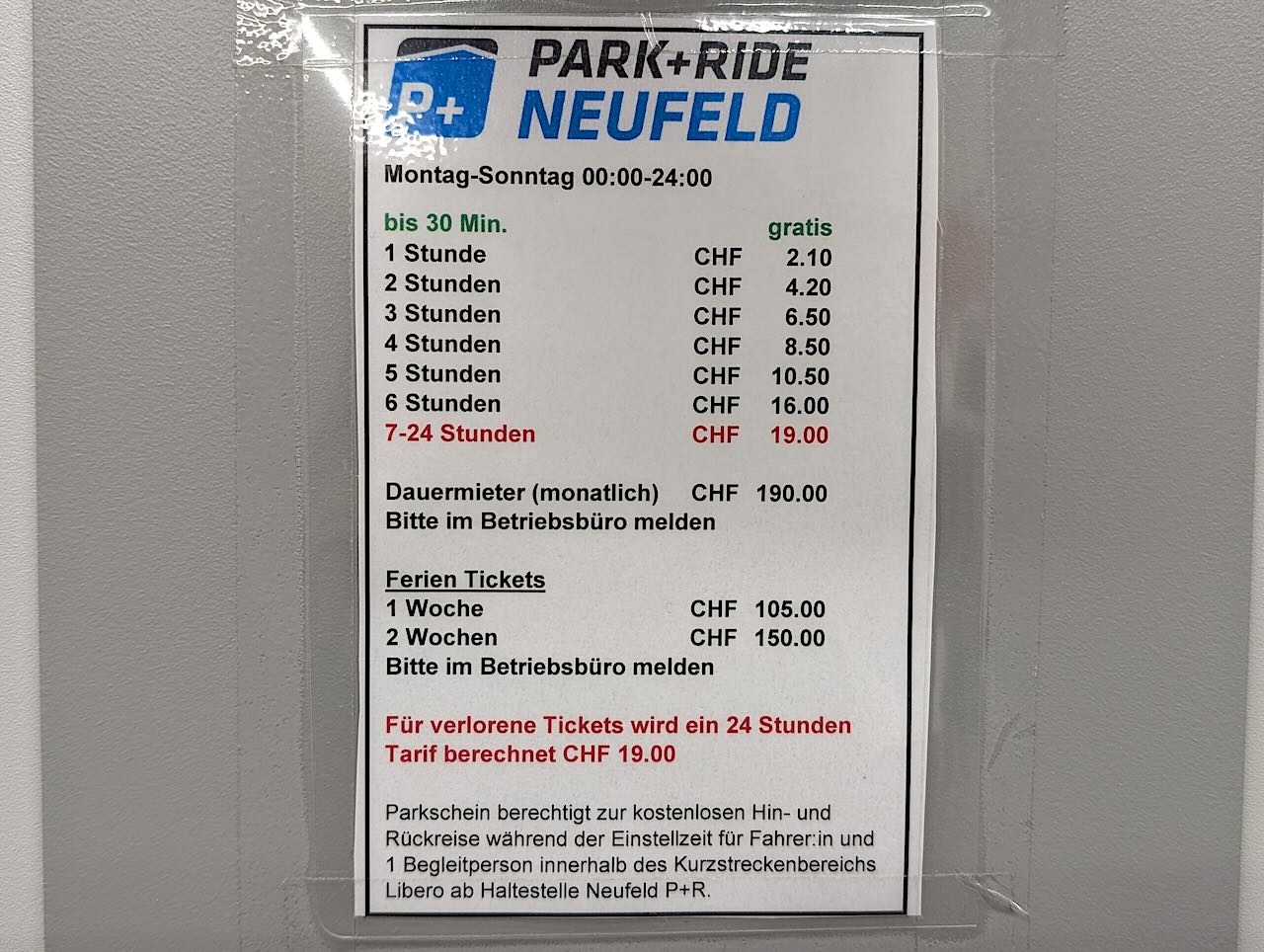 tarifs parking relais à Berne